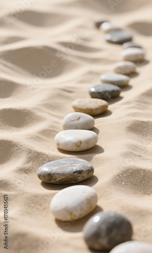 A conceptual path of smooth zen stones winding through soft rippled sand, symbolizing a journey towards balance and tranquility