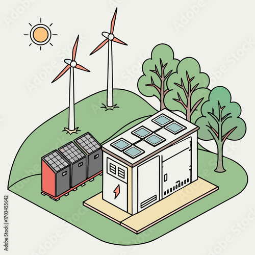 Vector art of isometric illustration of a sustainable energy system featuring solar panels, wind turbines, and a power station, showcasing a clean and renewable energy solution