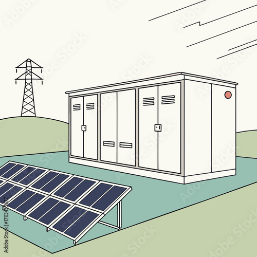 Illustration of a solar power plant with a transformer station and a power pole, showcasing sustainable energy and renewable resources for electricity generation