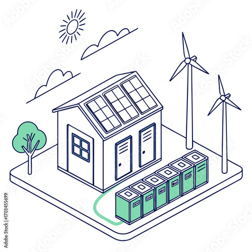 Vector art of isometric illustration of a sustainable house powered by solar panels, wind turbines, and battery storage, showcasing ecofriendly living and renewable energy solutions