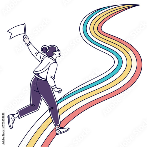 Vector art of a woman running on a rainbow road holding a flag, symbolizing progress, hope, and diversity, embodying a journey towards a brighter future