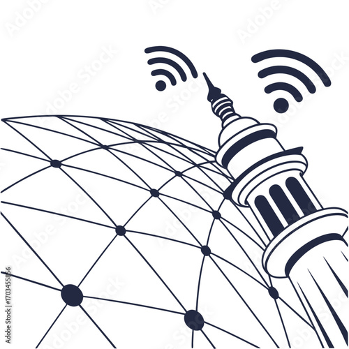 Vector art of global communication concept with a tower emitting wifi signals, standing on a gridpatterned globe, symbolizing worldwide connectivity and modern technology
