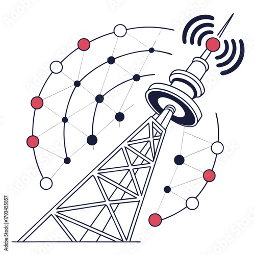 Illustration of a communication tower the tower is surrounded by a network of connected dots the tower is emitting radio waves