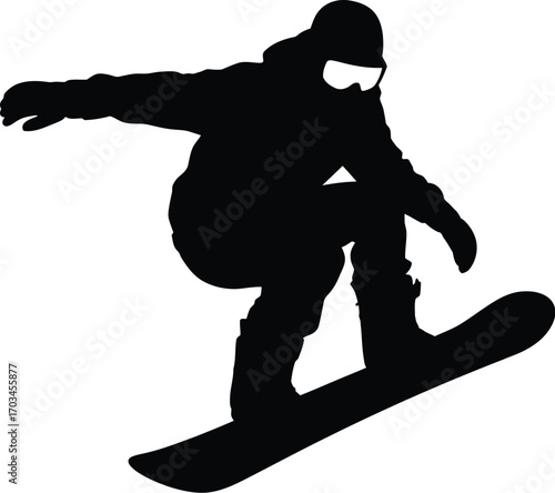 Black silhouette of snowboarder in mid air white action