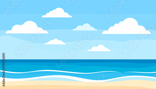 Beautiful Beach Scene With Blue Sky and Ocean Waves.