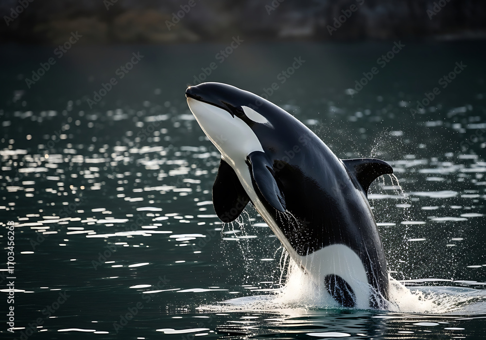 Obraz premium Majestic orca whale breaching and leaping out of the water with spray and ripples in a natural ocean environment