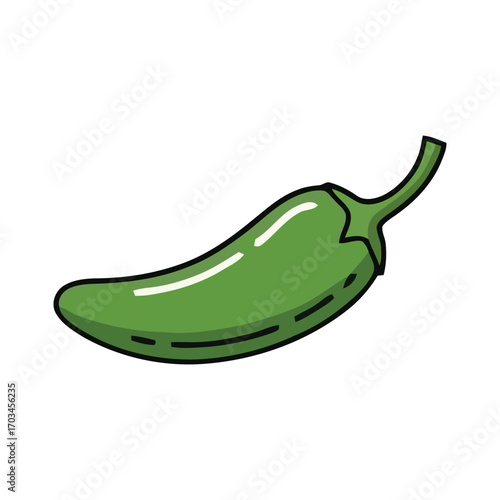 Cartoon green jalapeño pepper illustration. Vector icon of a spicy hot chili vegetable isolated on a white background