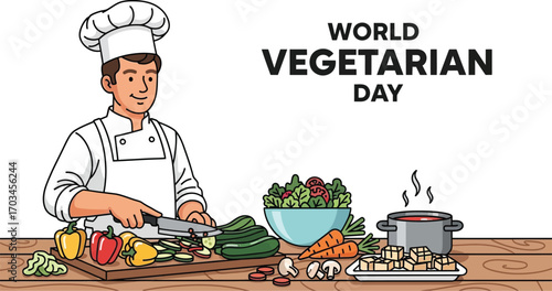 World vegetarian day with a chef cooking vegetables illustration food, healthy, and lifestyle