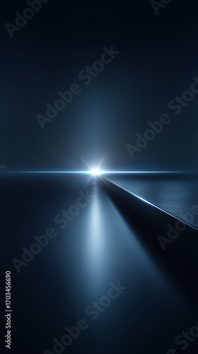 Glowing horizontal light on smooth dark surface, distant perspective