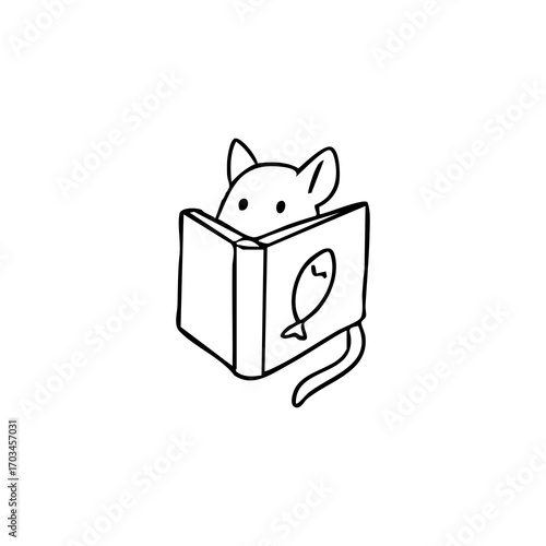 Cute cartoon cat reading a book with a fish on the cover