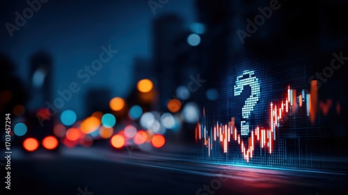 A glowing question mark appears above a fluctuating stock chart, symbolizing financial uncertainty in a cityscape at night