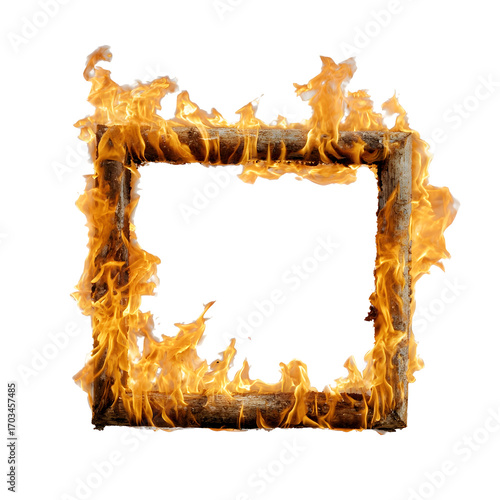 Fiery wooden frame engulfed in blazing flames, a dramatic border symbolizing destruction or passion, isolated on a white background