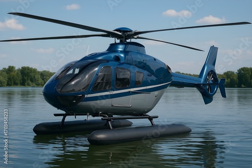 A modern blue and silver helicopter with floats rests on the surface of a calm lake with a forested shoreline in the background.