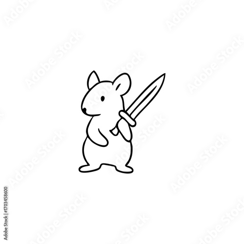 Simple black line drawing of a mouse holding a sword