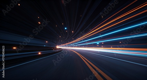 Dynamic neon light trails in blue and orange creating a sense of speed and motion on a dark road. Futuristic abstract background design concept for technology, energy, and fast movement.
