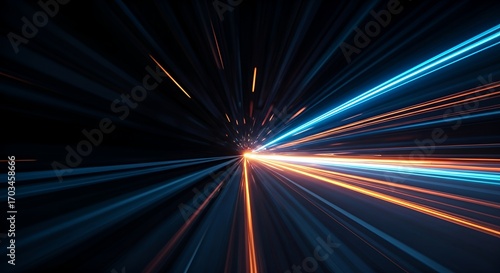 Dynamic neon light trails in blue and orange creating a sense of speed and motion on a dark road. Futuristic abstract background design concept for technology, energy, and fast movement.