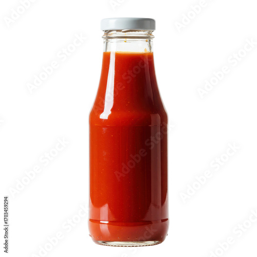 Glass bottle of spicy tomato sauce isolated PNG with Transparent Background