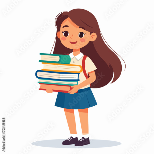 A cheerful schoolgirl happily carries a stack of colorful textbooks.