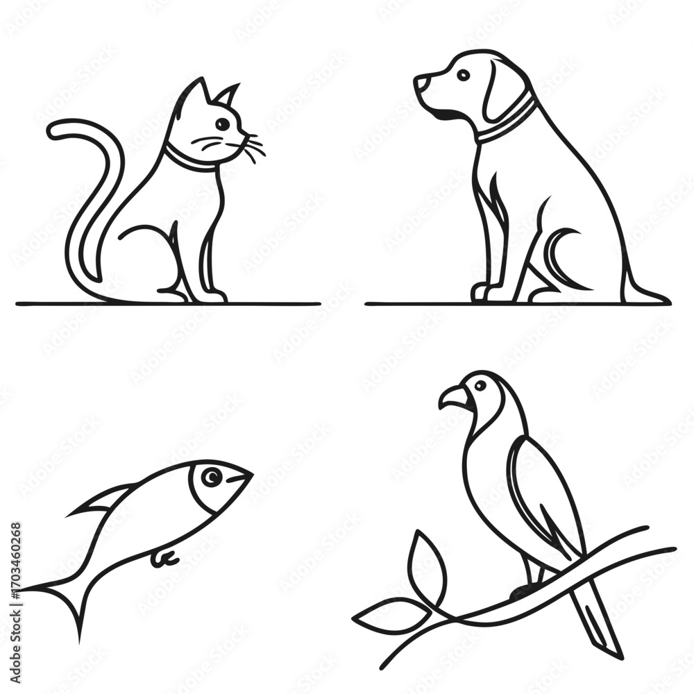 Fototapeta premium Simple line art icons of a cat dog fish and bird representing diverse pets and animals