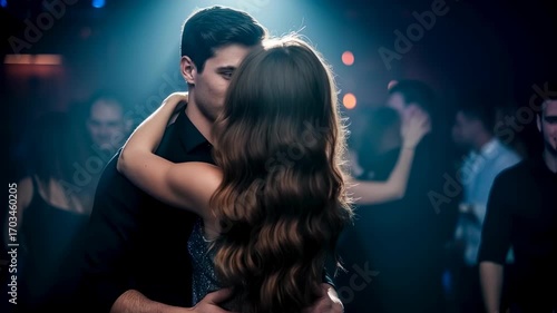 Young caucasian man and woman dancing closely at a party. Couple in love enjoying a romantic moment together in a nightclub footage.