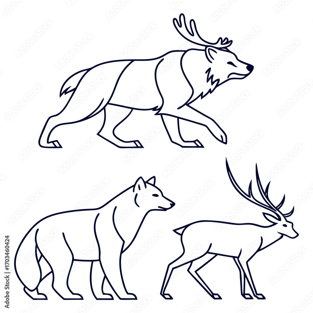 Fototapeta premium Stylized outline illustrations of a wolf a reindeer and a stag with antlers on a white background