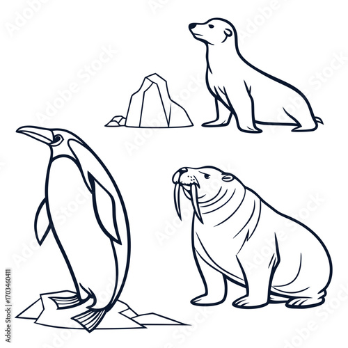 Collection of stylized line art illustrations of arctic animals including a penguin seal and walrus with iceberg elements