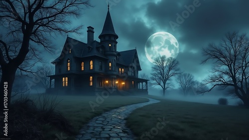 Haunted Victorian Mansion with Stormy Sky