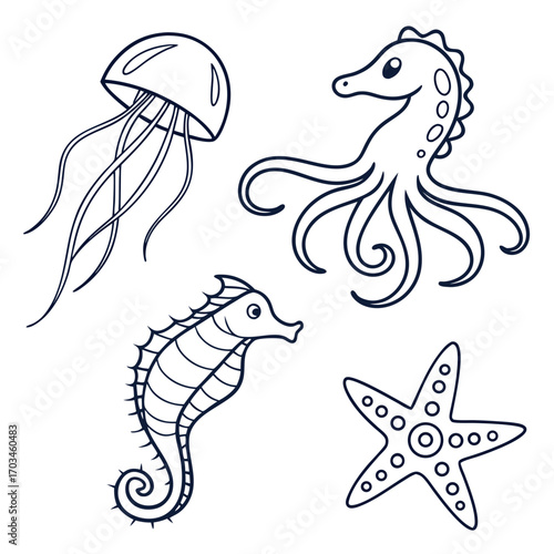 Cute hand drawn line art illustrations of ocean creatures including a jellyfish octopus seahorse and starfish