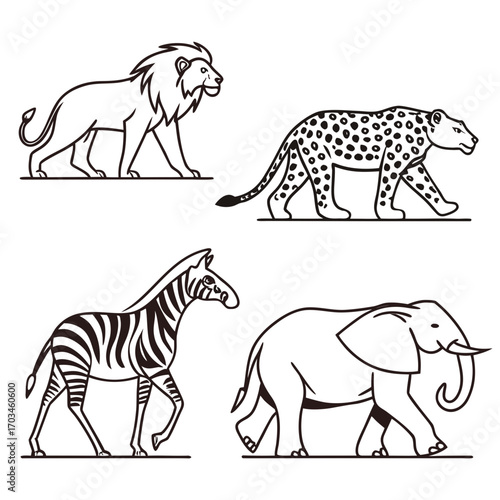 Collection of african safari animals including lion leopard zebra and elephant in simple line art style