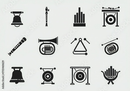 A collection of twelve black and white icons representing various musical instruments.
