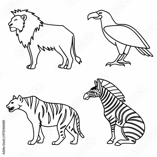 Collection of stylized african safari animals including a lion eagle hyena and zebra in a simple line art style