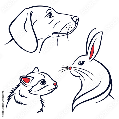 Stylized line art portraits of a dog rabbit and ferret facing each other on white background