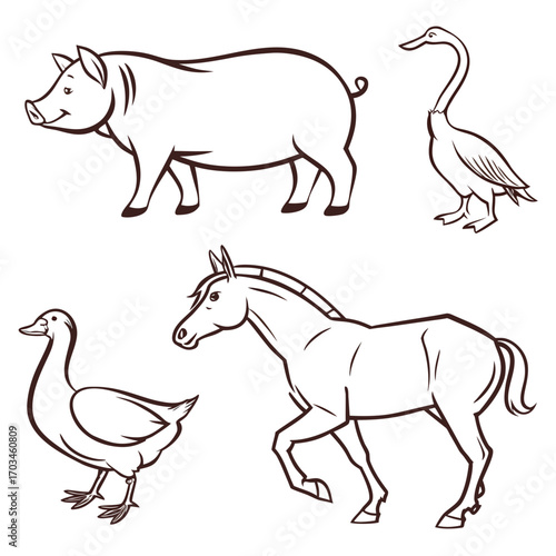 Collection of farm animals including a pig horse and two geese in a simple line drawing style