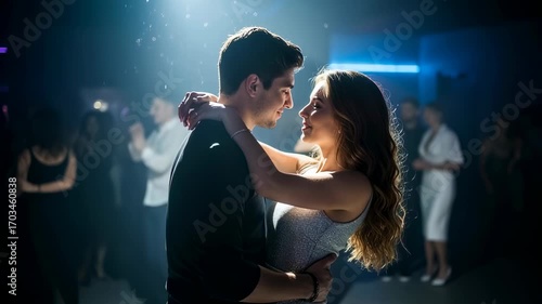 Young man and woman dancing at a nightclub, close embrace. Couple enjoying romantic moment at party. Nightlife entertainment footage.