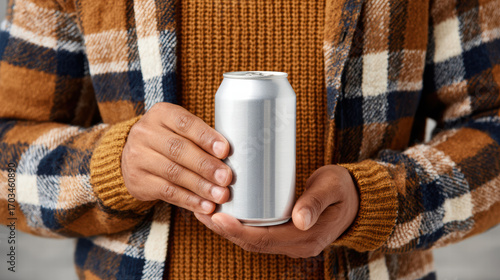 Person holding cold silver drink can with warm plaid jacket and sweater, casual cozy feeling with visible hands and neutral background