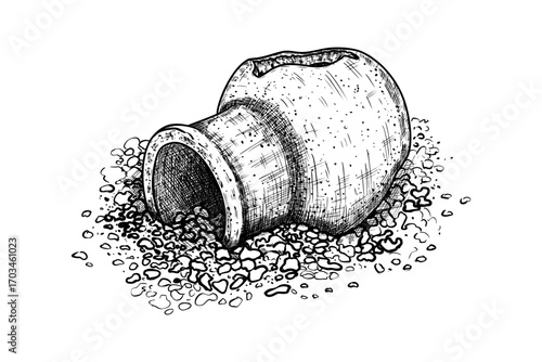 Hand drawn broken vase on pebbles. Vector illustration