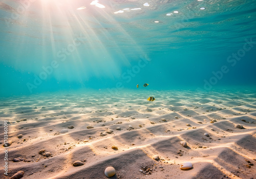 Tranquil underwater scene with vibrant fish swimming above pristine sandy sea floor bathed in sunlight