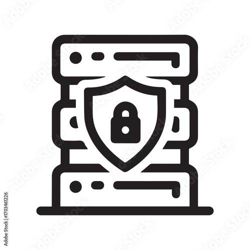 Black Outline Icon of a Secured Server Rack with Padlock Symbol