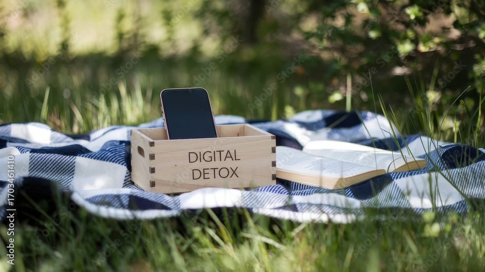 custom made wallpaper toronto digitalWooden digital detox box sits on a plaid blanket outdoors.