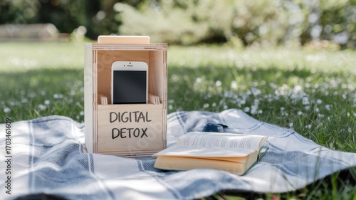 Wooden box containing a phone, promoting digital detox.
