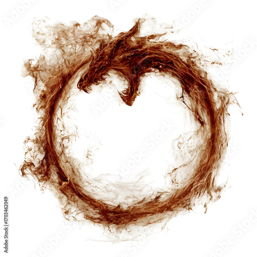 Mystical Ouroboros dragon of smoke and fire, a circular symbol of eternity and rebirth isolated on a white background
