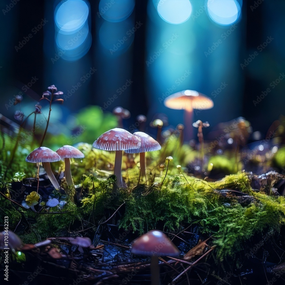Fototapeta premium Enchanted Forest Floor: A Glimpse into the Magical World of Mushrooms and Moss Under a Mystical Blue Light