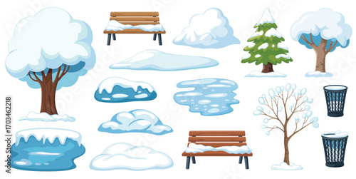Cartoon Winter Scene Vector Set – Nature Elements with Snow, Frozen Water, Ice Puddles, Trees, Bushes, Benches, Lanterns, Snowdrift Details for Seasonal Posters, Print, Web, and Digital Illustration