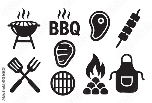 A collection of 9 simple black line icons related to barbecuing (BBQ)