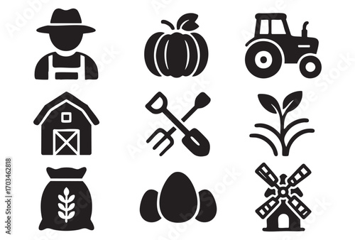 a collection of 9 black line-style icons representing farming, agriculture, and rural life.
