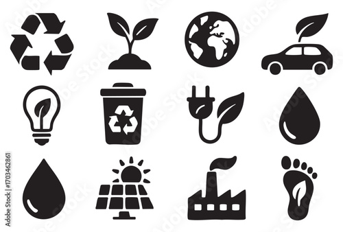 a collection of 12 black and white linear icons (silhouettes) thematically related to ecology, sustainable development, and green technologies.