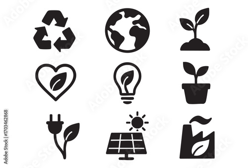 a collection of 9 black and white linear icons (silhouettes) thematically related to ecology, sustainable development, and green technologies.
