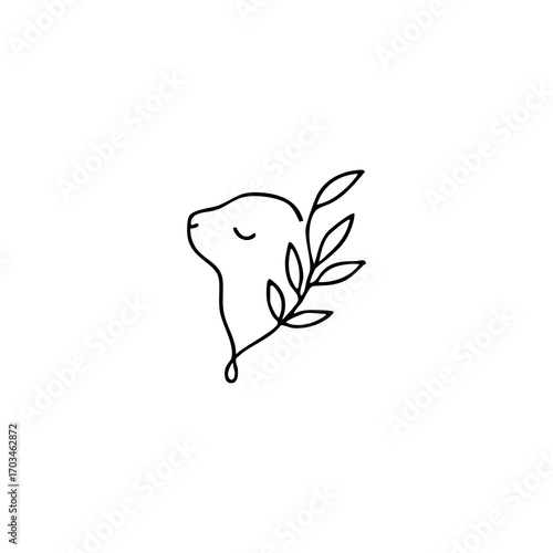 Simple line art of an animal head, stylized with delicate leaves
