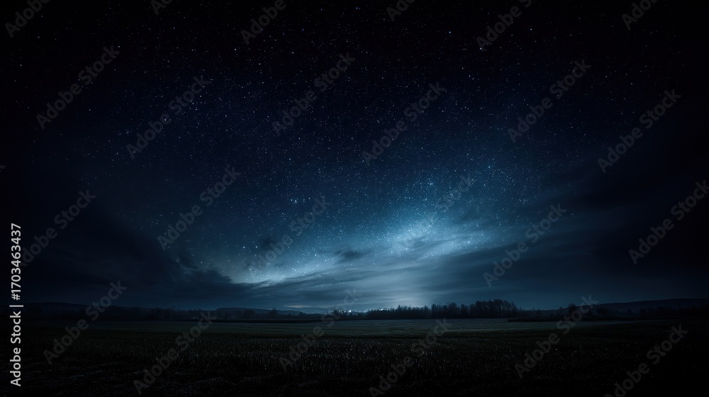 Obraz premium Dramatic starry horizon glowing with soft nebula light, featuring an empty dark sky that provides ample copy space for text, logos, or design elements, capturing a stunning cosmic nighttime scene.