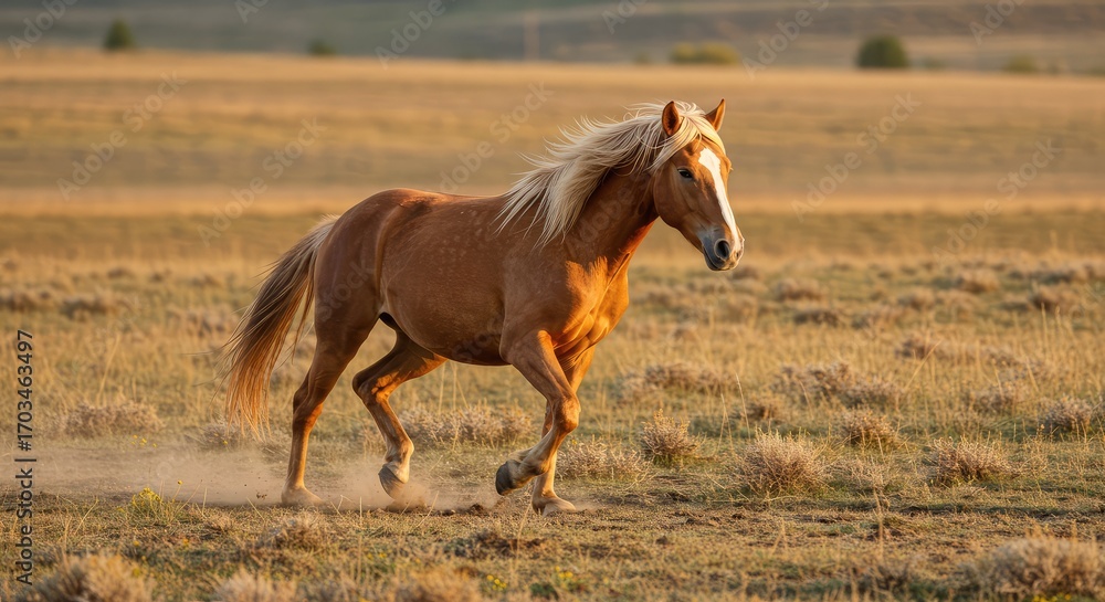 Fototapeta premium Majestic chestnut horse with flowing mane gallops powerfully through sun-drenched golden prairie kicking up dust in a breathtaking display of freedom and wild spirit.